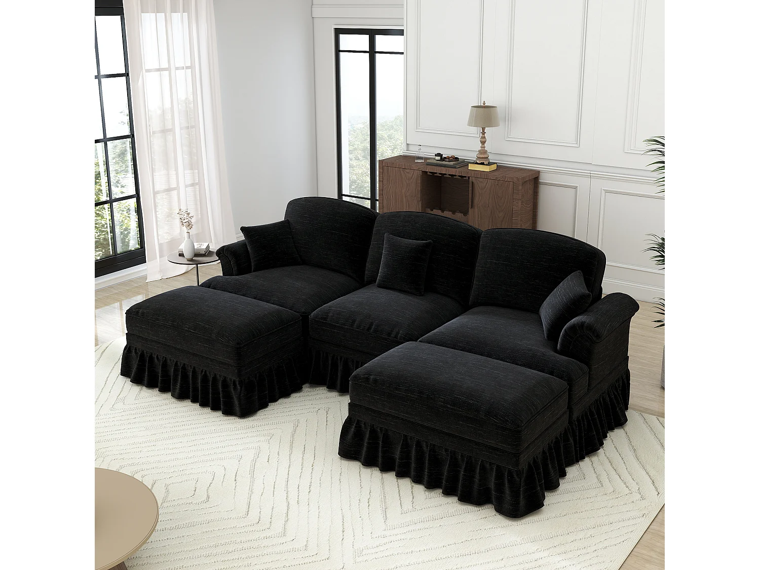 Modulare U-Form Eckcouch 3-Sitzer - Chenille - Abnehmbarer Überwurf und 2 Hocker - 272x140x93cm - Schwarz