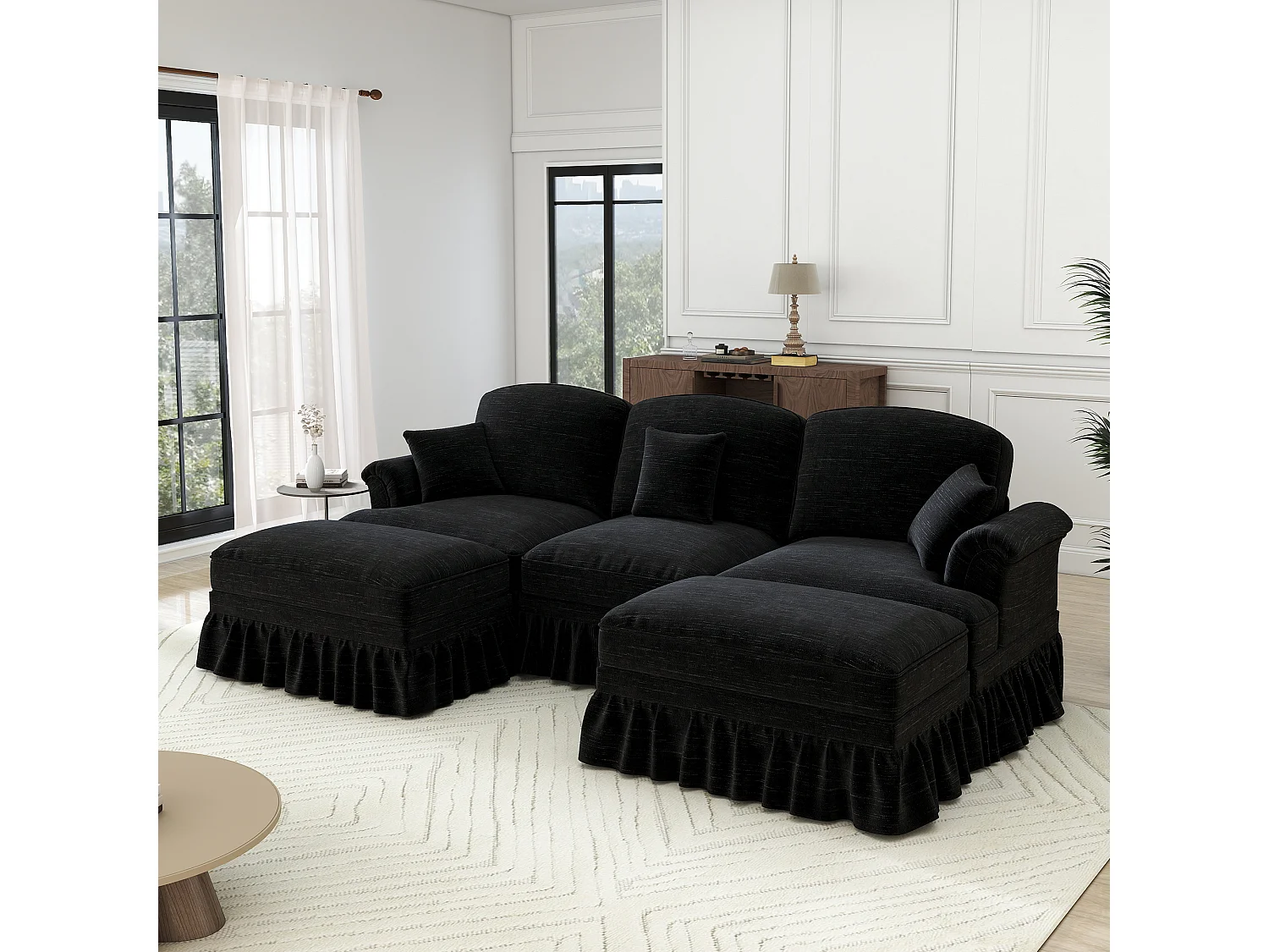 Modulare U-Form Eckcouch 3-Sitzer - Chenille - Abnehmbarer Überwurf und 2 Hocker - 272x140x93cm - Schwarz