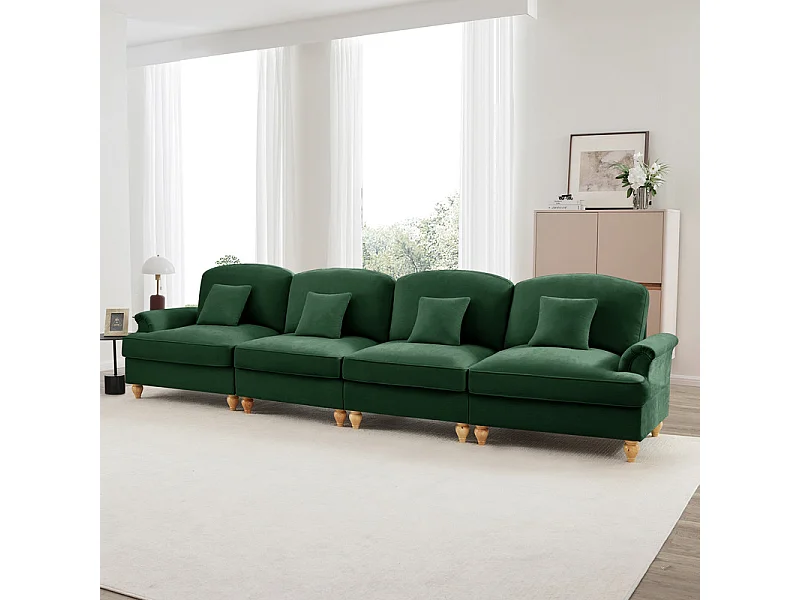 Canapé 4 places modulable en Chenille - avec cantonnière amovible et 4 oreillers - 350x83,5x93cm - Vert