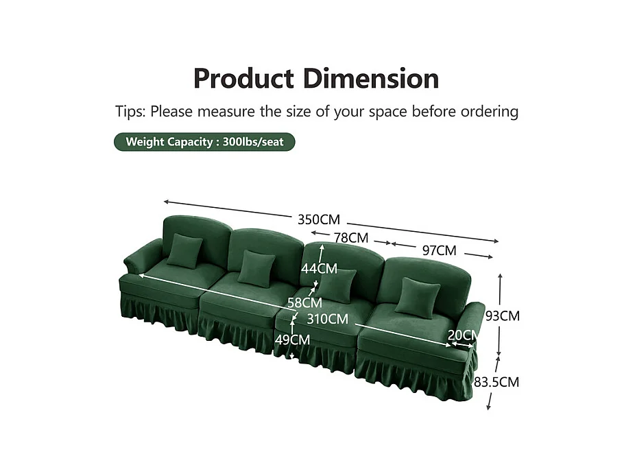 Canapé 4 places modulable en Chenille - avec cantonnière amovible et 4 oreillers - 350x83,5x93cm - Vert