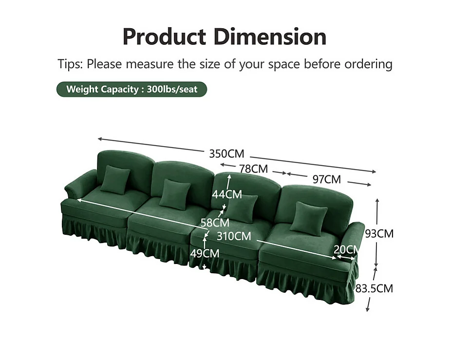 Canapé 4 places modulable en Chenille - avec cantonnière amovible et 4 oreillers - 350x83,5x93cm - Vert