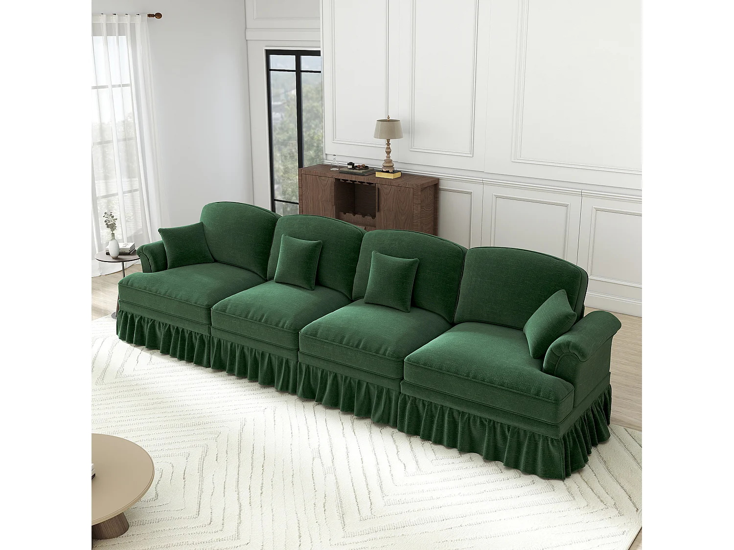 Canapé 4 places modulable en Chenille - avec cantonnière amovible et 4 oreillers - 350x83,5x93cm - Vert