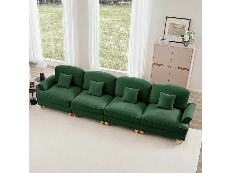 Canapé 4 places modulable en Chenille - avec cantonnière amovible et 4 oreillers - 350x83,5x93cm - Vert