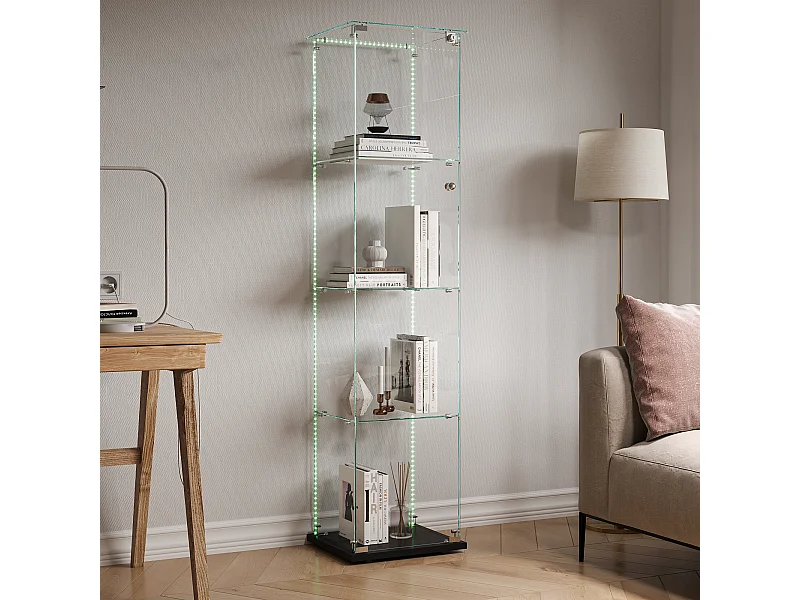 Vitrinekast met 4 planken, deur en ledverlichting, modern zwart of wit design – 360° display voor woonkamer, slaapkamer of kantoor