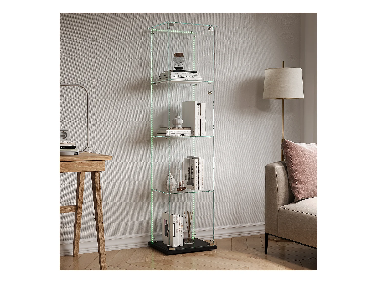 Vitrinekast met 4 planken, deur en ledverlichting, modern zwart of wit design – 360° display voor woonkamer, slaapkamer of kantoor