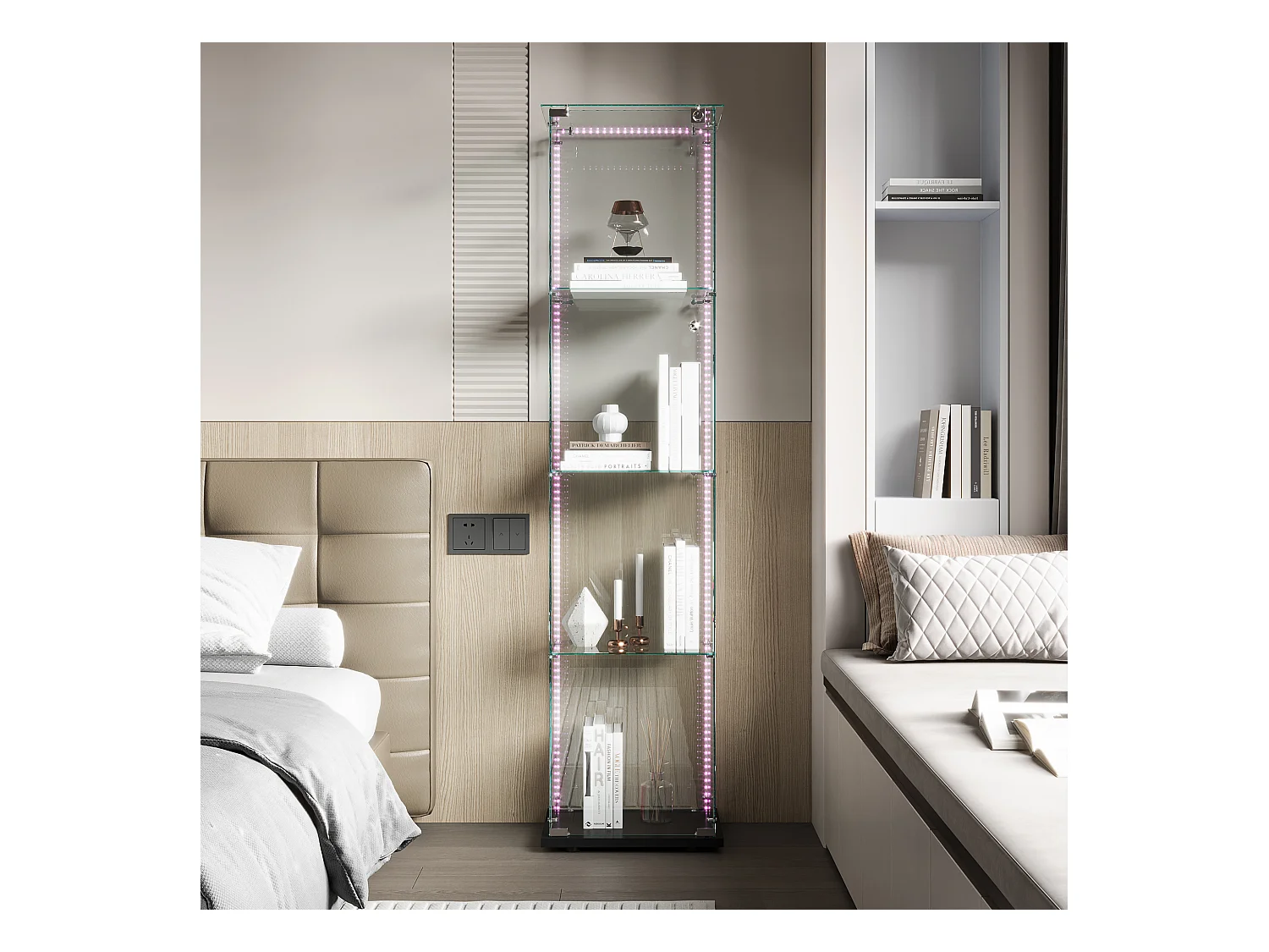 Vitrinekast met 4 planken, deur en ledverlichting, modern zwart of wit design – 360° display voor woonkamer, slaapkamer of kantoor