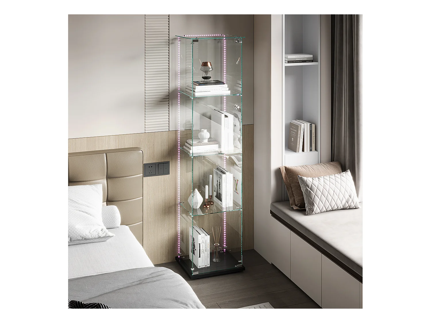 Vitrinekast met 4 planken, deur en ledverlichting, modern zwart of wit design – 360° display voor woonkamer, slaapkamer of kantoor