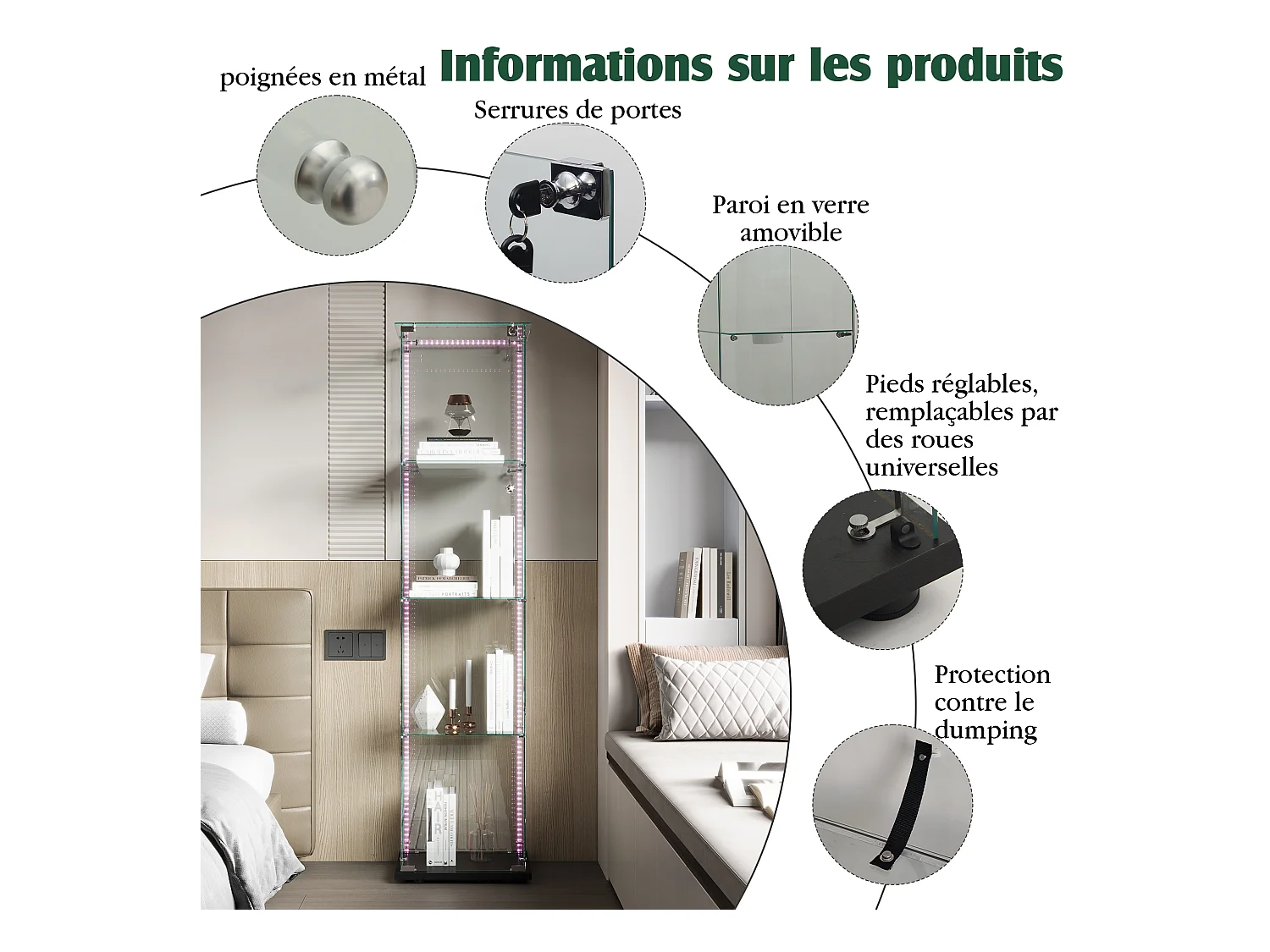 Vitrinekast met 4 planken, deur en ledverlichting, modern zwart of wit design – 360° display voor woonkamer, slaapkamer of kantoor