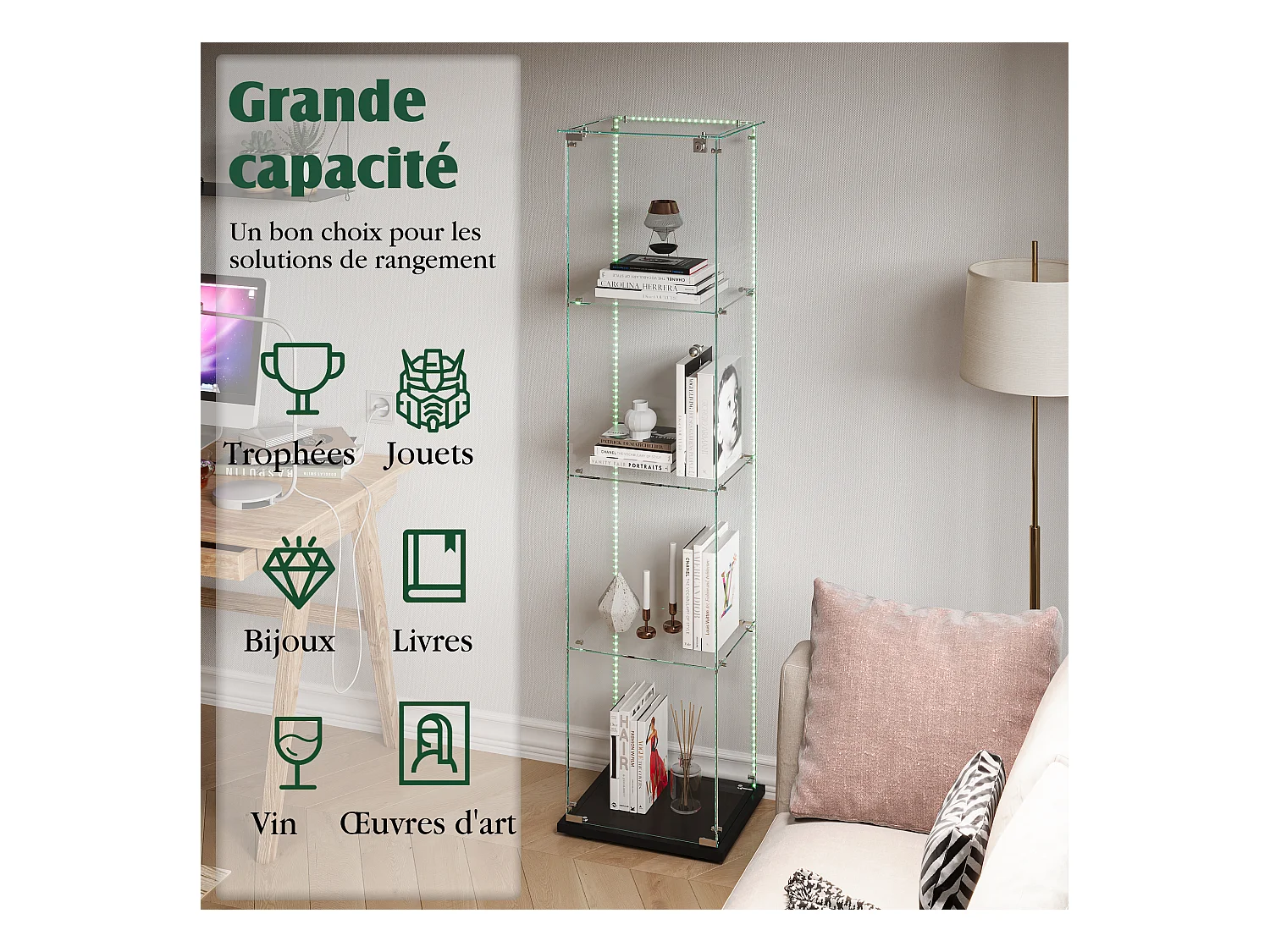 Vitrinekast met 4 planken, deur en ledverlichting, modern zwart of wit design – 360° display voor woonkamer, slaapkamer of kantoor