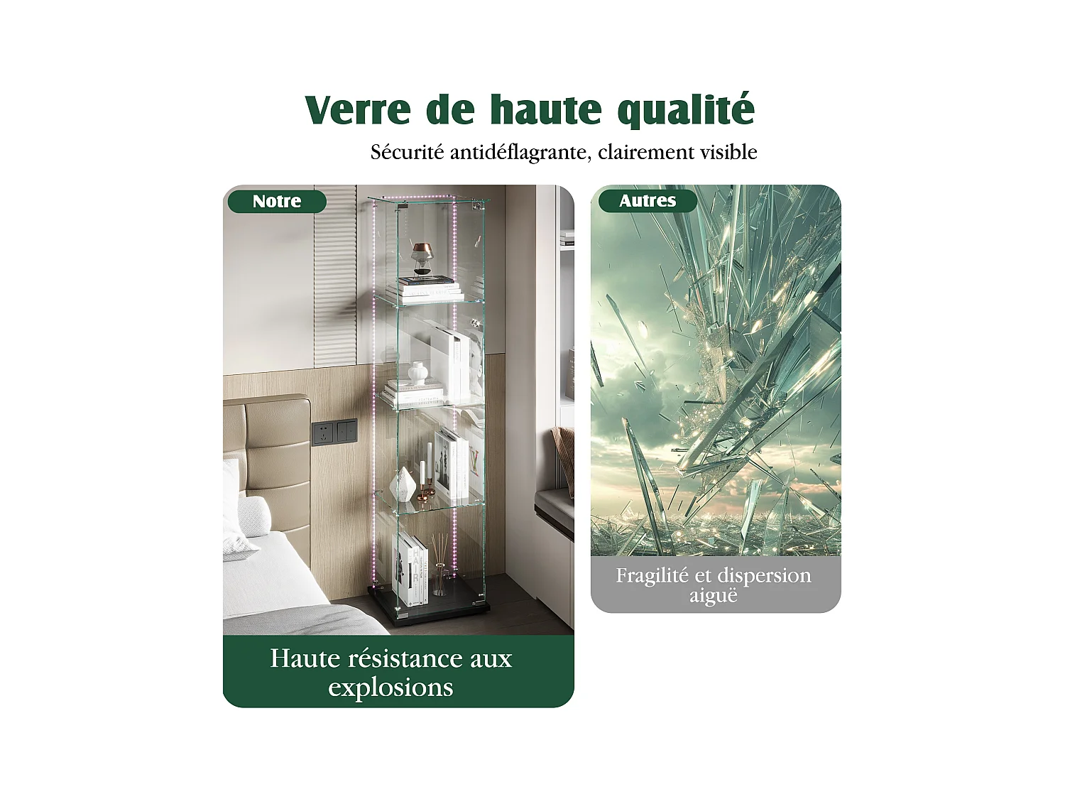 Vitrinekast met 4 planken, deur en ledverlichting, modern zwart of wit design – 360° display voor woonkamer, slaapkamer of kantoor