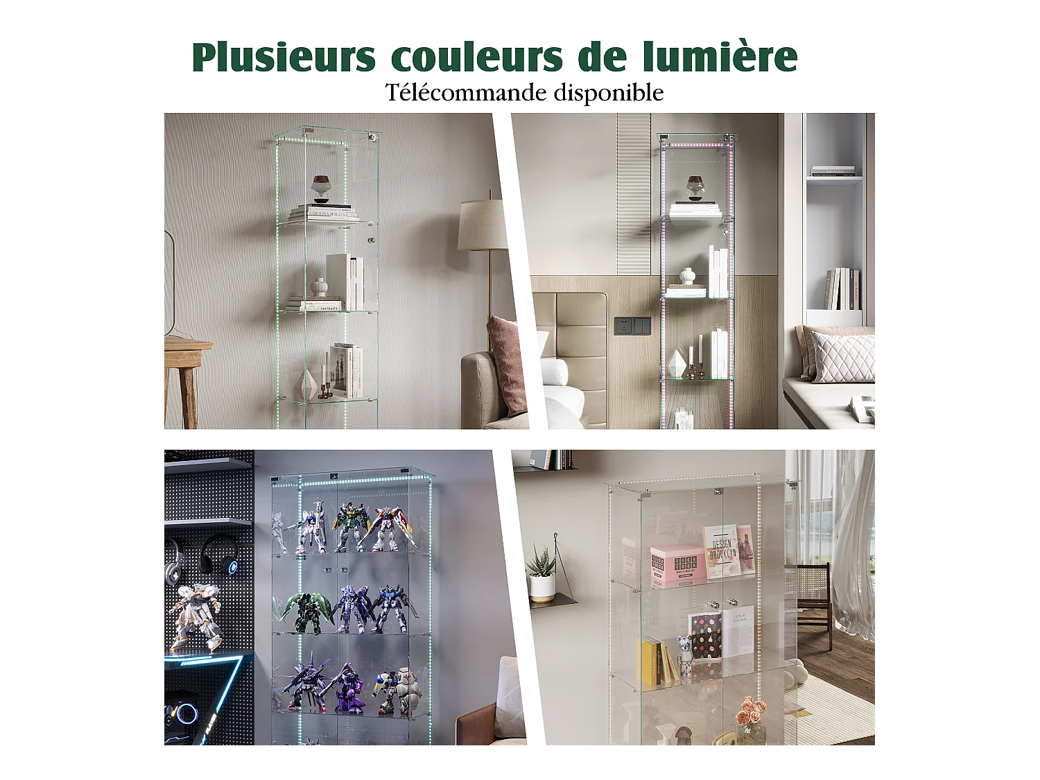 Vitrinekast met 4 planken, deur en ledverlichting, modern zwart of wit design – 360° display voor woonkamer, slaapkamer of kantoor