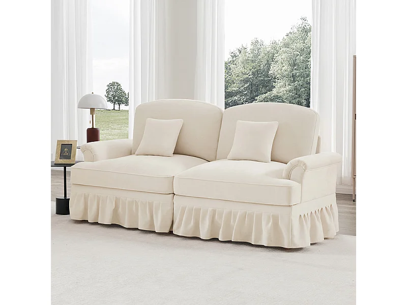 Grand canapé 2 places en Chenille - avec cantonnière amovible et 2 oreillers - 194x83,5x93cm - Beige