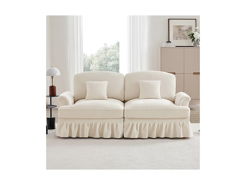 Grand canapé 2 places en Chenille - avec cantonnière amovible et 2 oreillers - 194x83,5x93cm - Beige