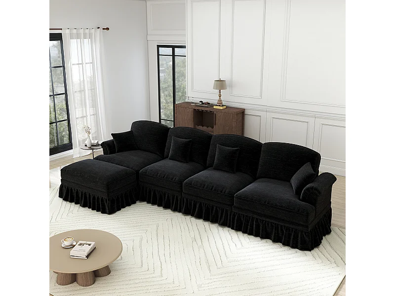 Modulaire L-Vorm Hoekbank 4-Zits - Chenille - Afneembare Hoes en Ottomane - 350x140x93cm - Zwart