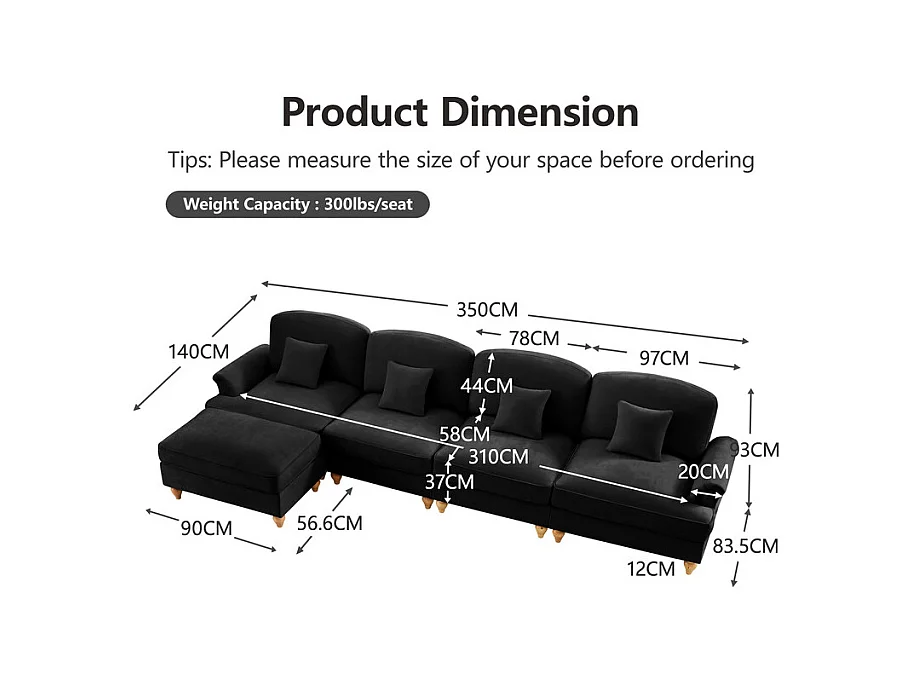 Sofá Cantinho Modular 4 Lugares em L - Chenille - Capa Removível e Puf - 350x140x93cm - Preto