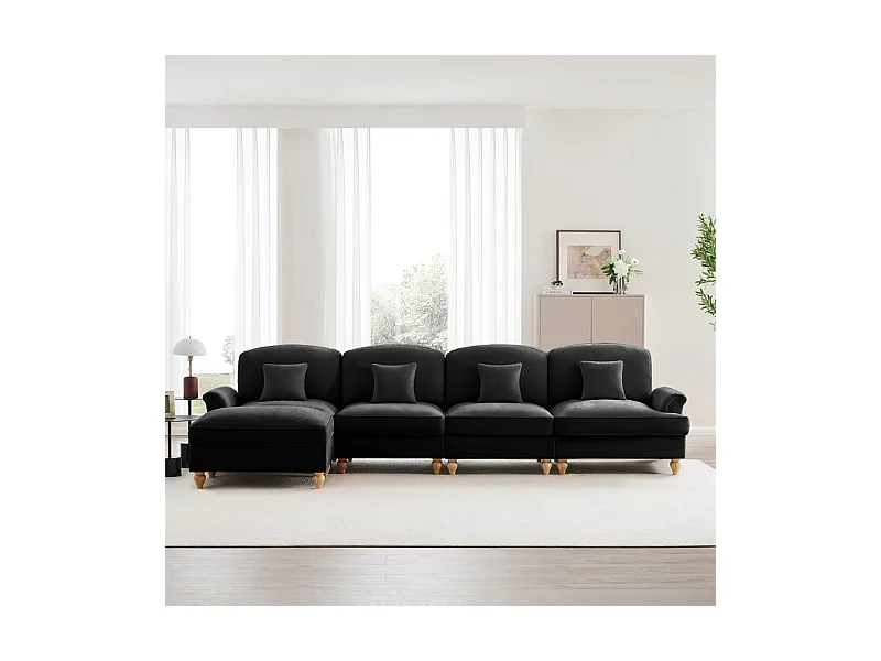 Sofá Cantinho Modular 4 Lugares em L - Chenille - Capa Removível e Puf - 350x140x93cm - Preto