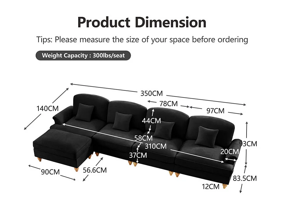 Canapé 4 places d’angle Modulable en L - Chenille - avec cantonnière amovible et pouf mobile - 350x140x93cm - Noir
