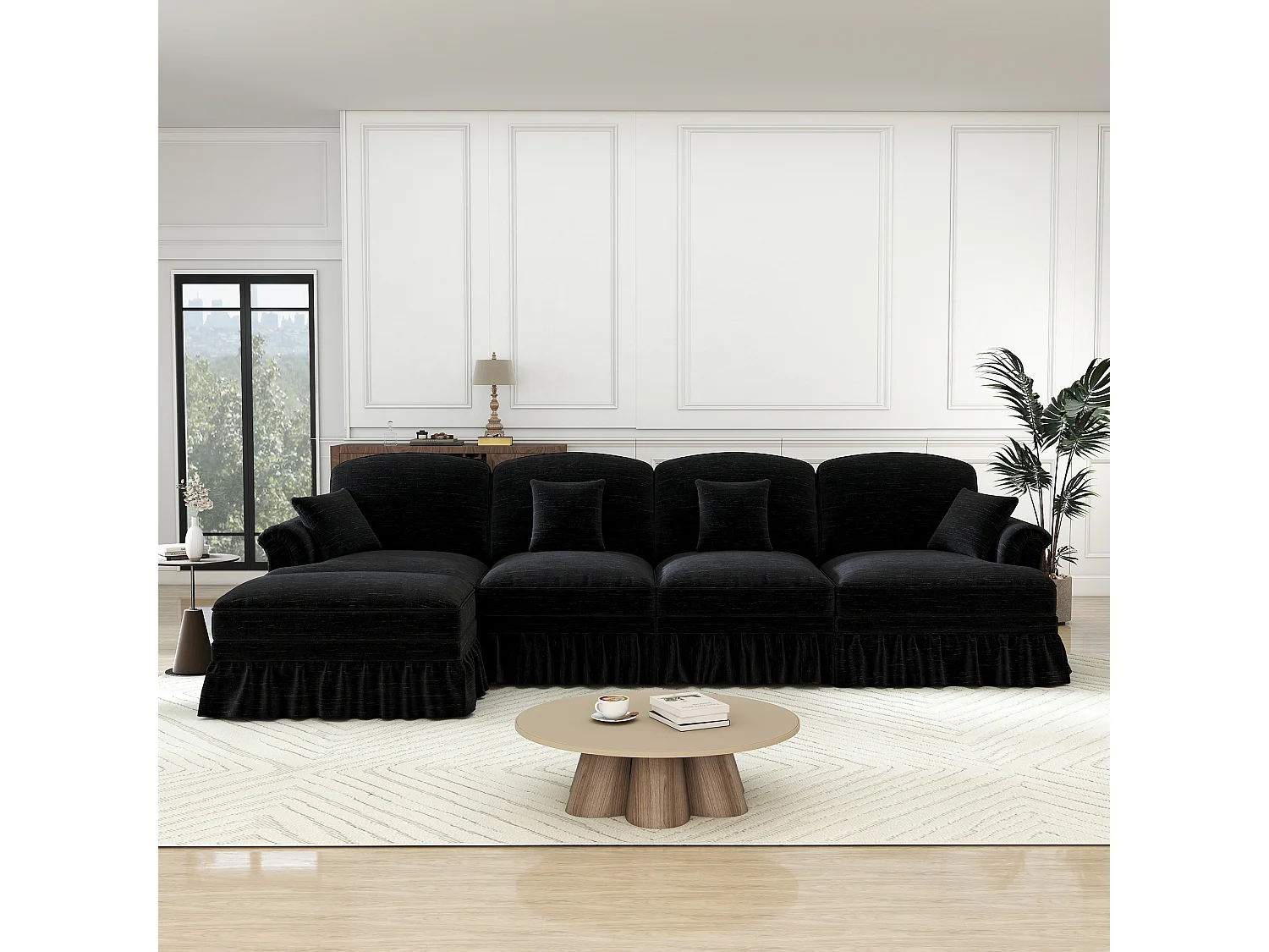Canapé 4 places d’angle Modulable en L - Chenille - avec cantonnière amovible et pouf mobile - 350x140x93cm - Noir