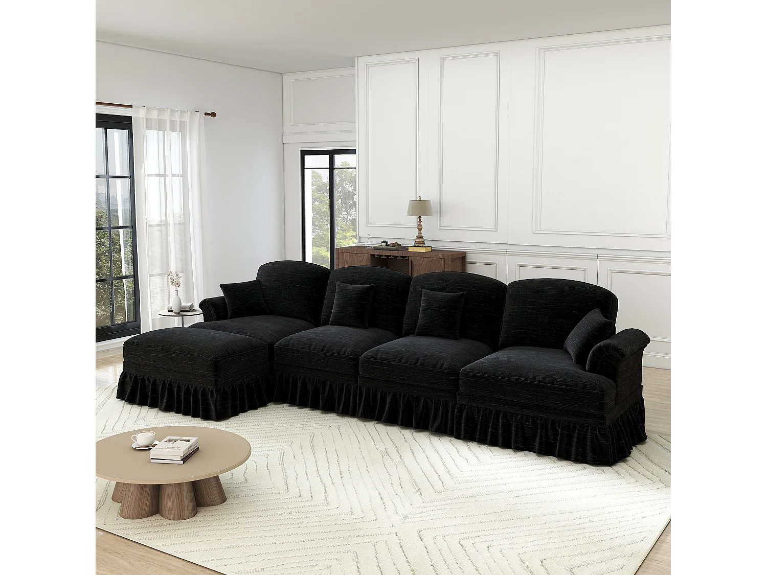 Canapé 4 places d’angle Modulable en L - Chenille - avec cantonnière amovible et pouf mobile - 350x140x93cm - Noir