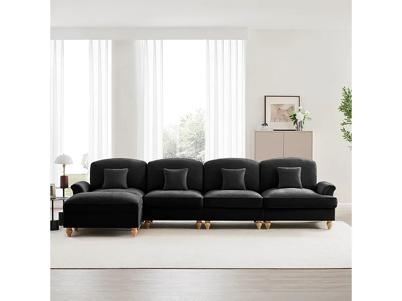 Canapé 4 places d’angle Modulable en L - Chenille - avec cantonnière amovible et pouf mobile - 350x140x93cm - Noir