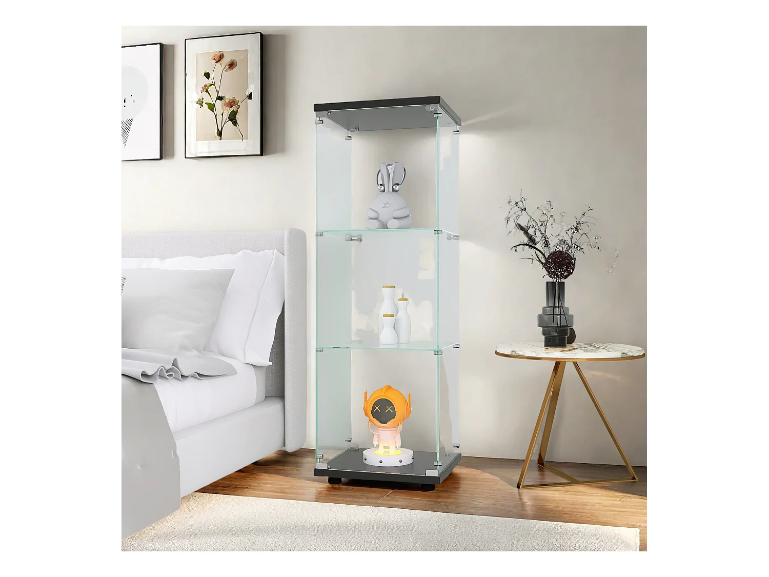 Vitrinekast van glas met 3 planken, enkele deur, vitrinekast voor woonkamer, slaapkamer, kantoor, zwarte glazen boekenkast op standaard, snelle installatie