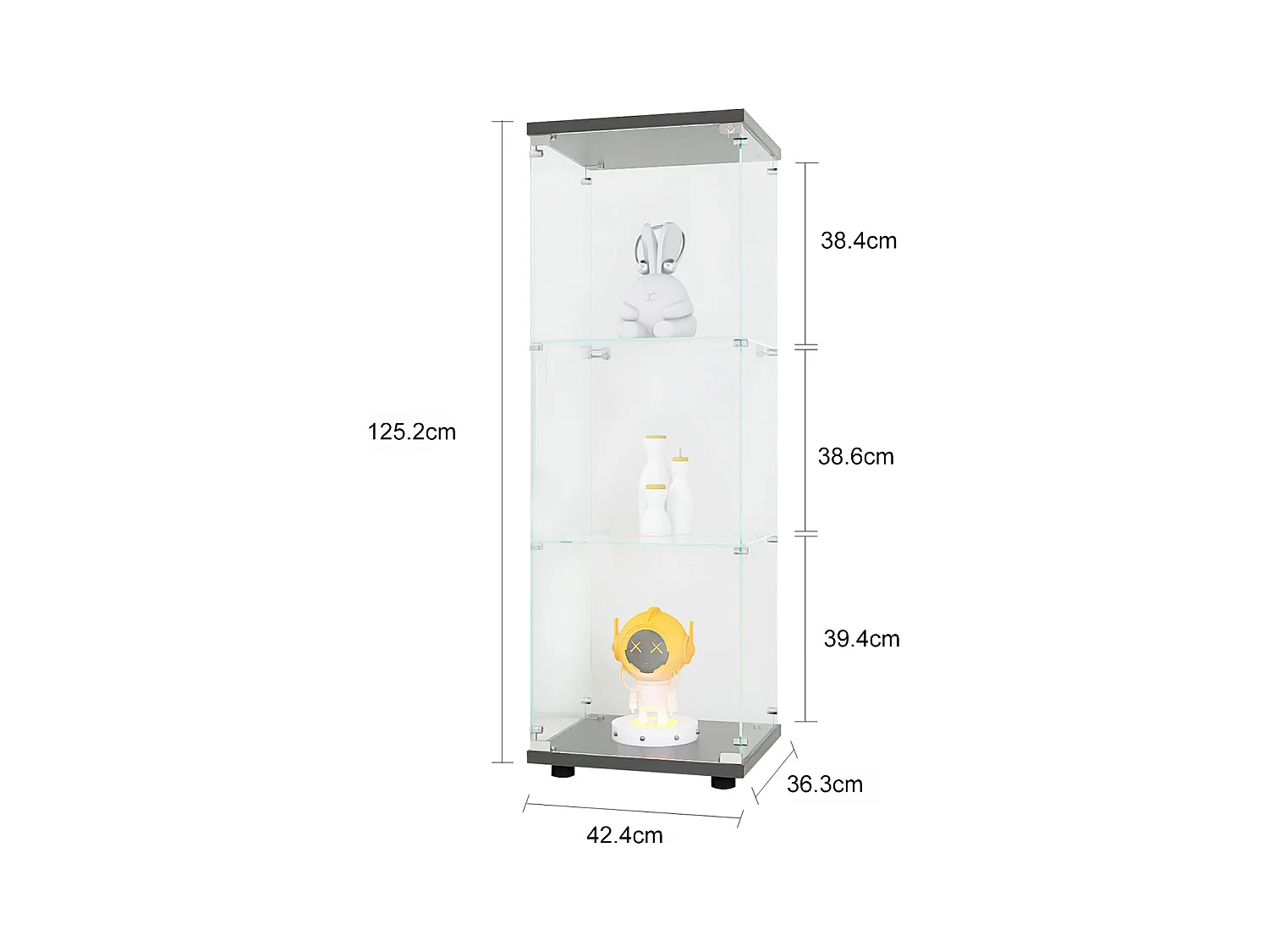 Vitrinekast van glas met 3 planken, enkele deur, vitrinekast voor woonkamer, slaapkamer, kantoor, zwarte glazen boekenkast op standaard, snelle installatie