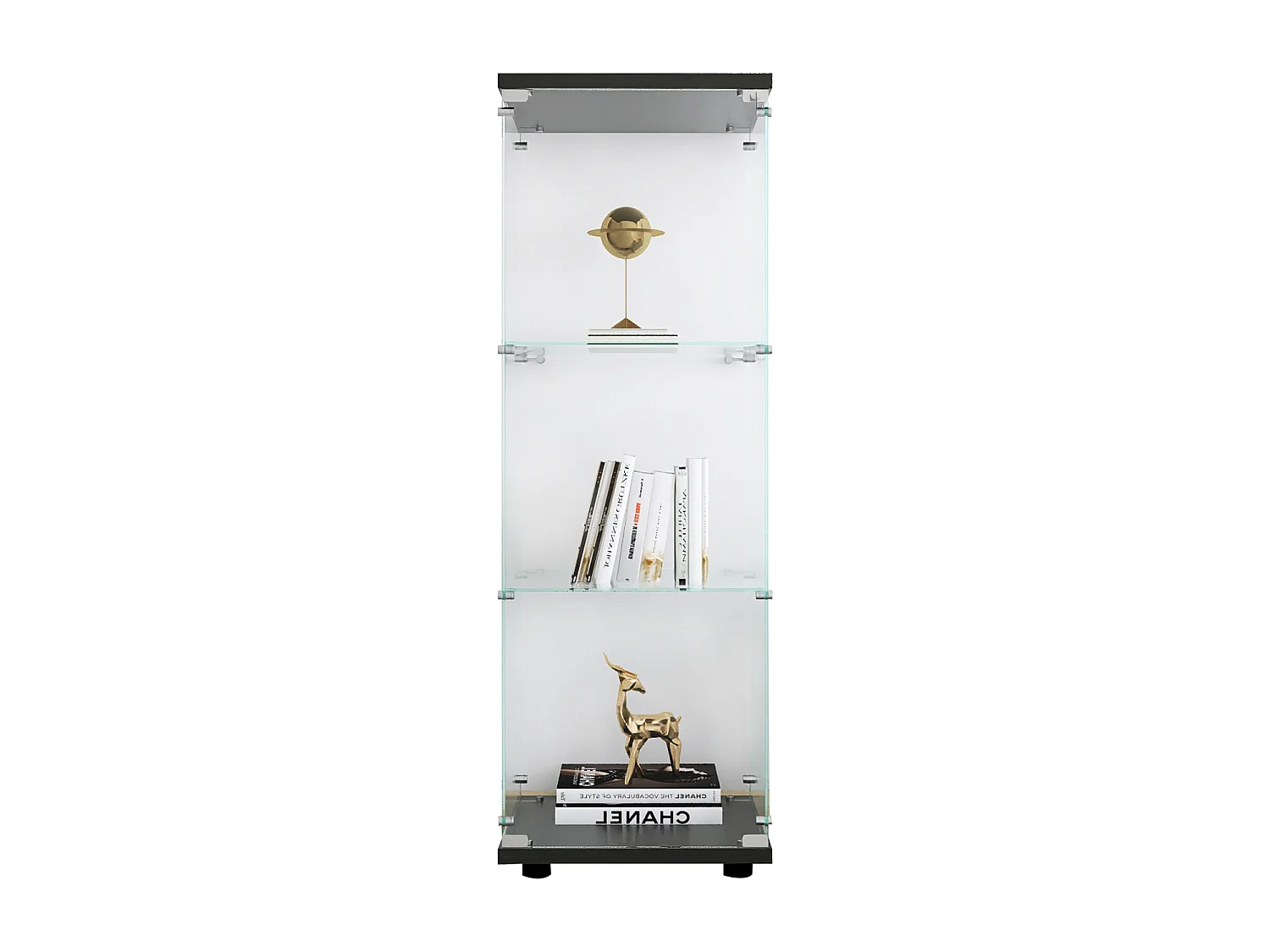 Vitrine de vidro com 3 prateleiras e porta única, estrutura preta elegante – ideal para sala, quarto ou escritório, com montagem rápida e estável