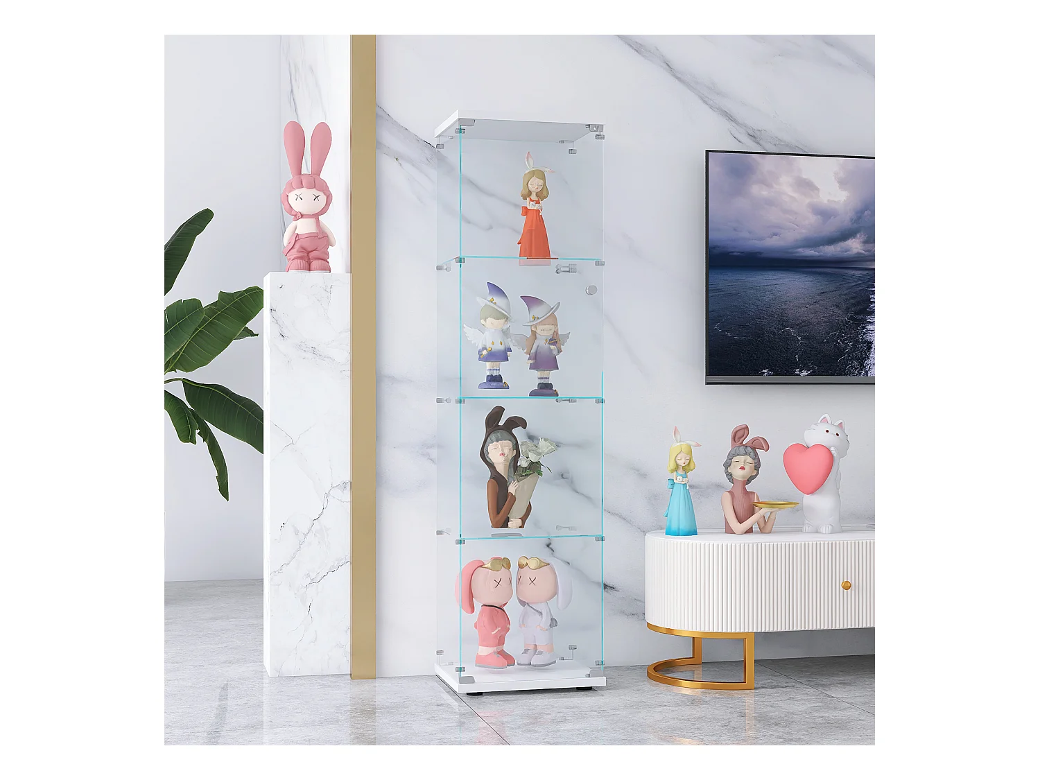 Vitrinekast met 4 planken en gehard glazen deur, vrijstaand, boekenkast en decoratieve vitrinekast voor woonkamer, slaapkamer of kantoor