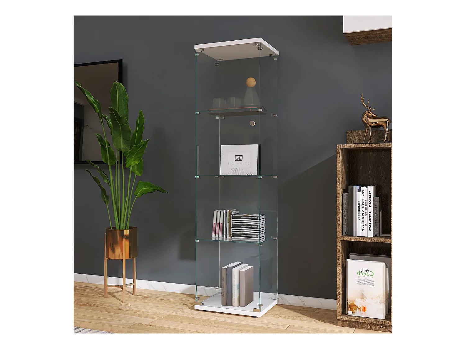Vitrinekast met 4 planken en gehard glazen deur, vrijstaand, boekenkast en decoratieve vitrinekast voor woonkamer, slaapkamer of kantoor