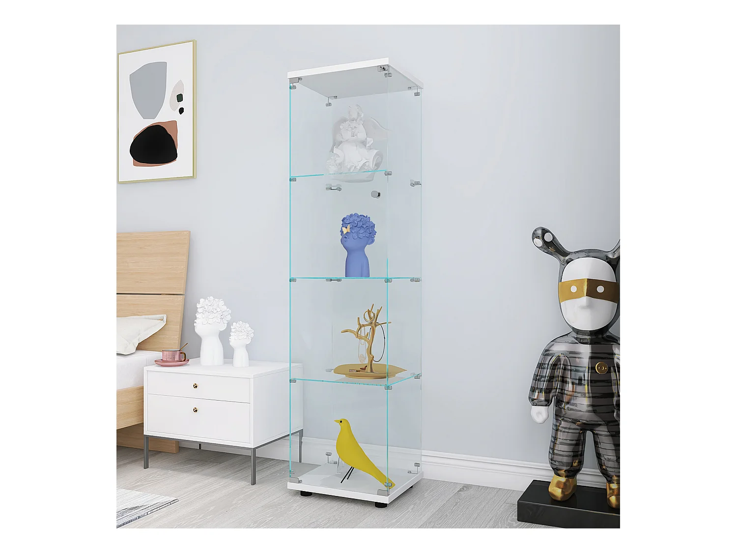 Vitrinekast met 4 planken en gehard glazen deur, vrijstaand, boekenkast en decoratieve vitrinekast voor woonkamer, slaapkamer of kantoor