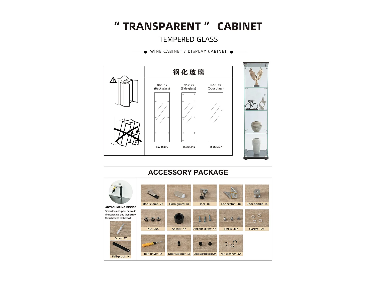 Vitrine à 4 étagères avec porte en verre trempé, sur pied, Bibliothèque et vitrine décorative pour salon, chambre ou bureau