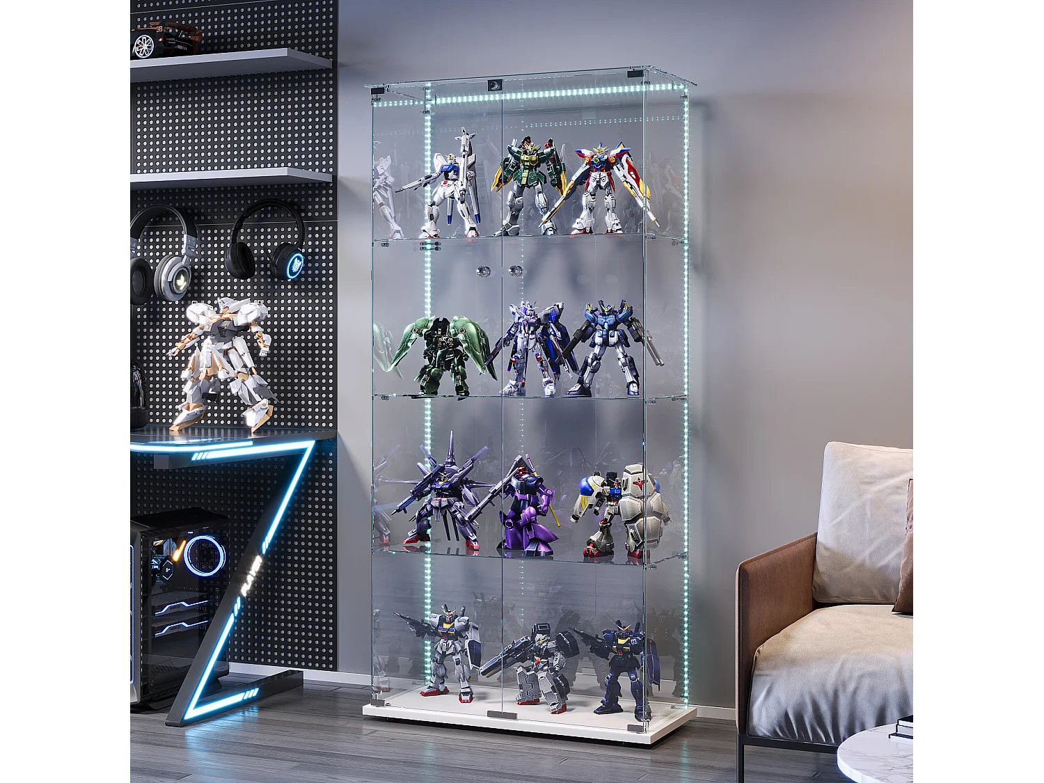 Vitrine d’exposition à double porte 4 niveaux avec LED intégrée, fond blanc, verre trempé transparent – Design moderne et lumineux