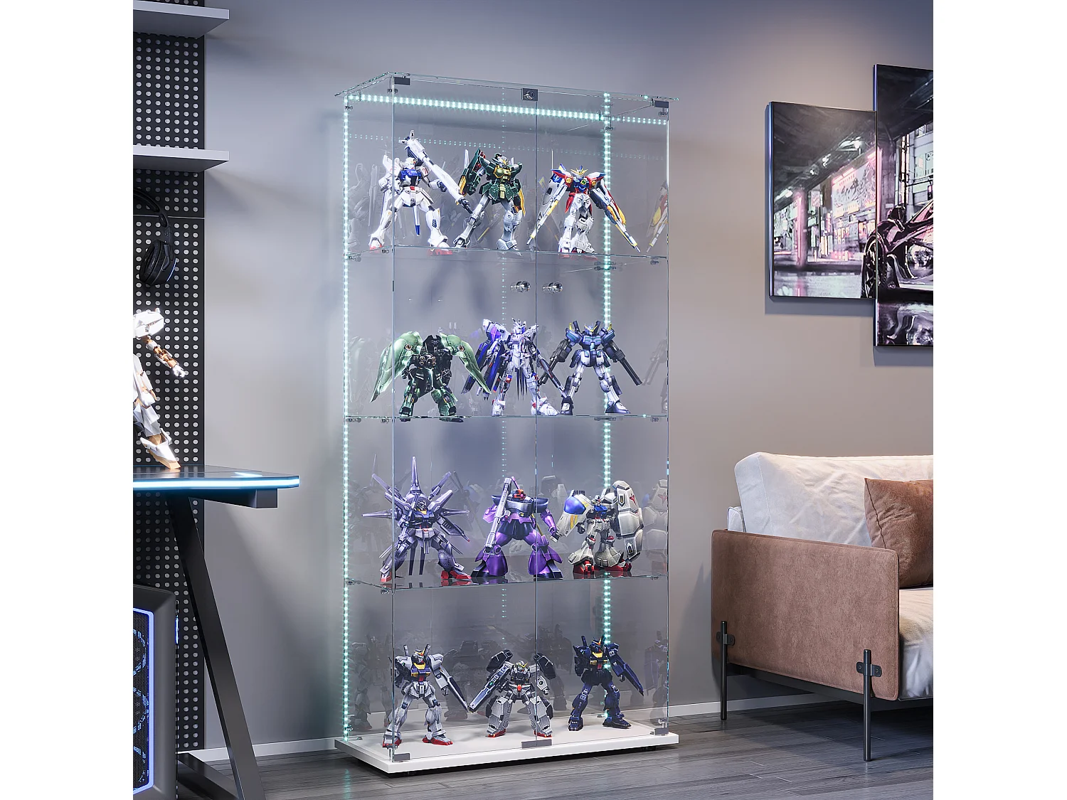 Vitrine d’exposition à double porte 4 niveaux avec LED intégrée, fond blanc, verre trempé transparent – Design moderne et lumineux