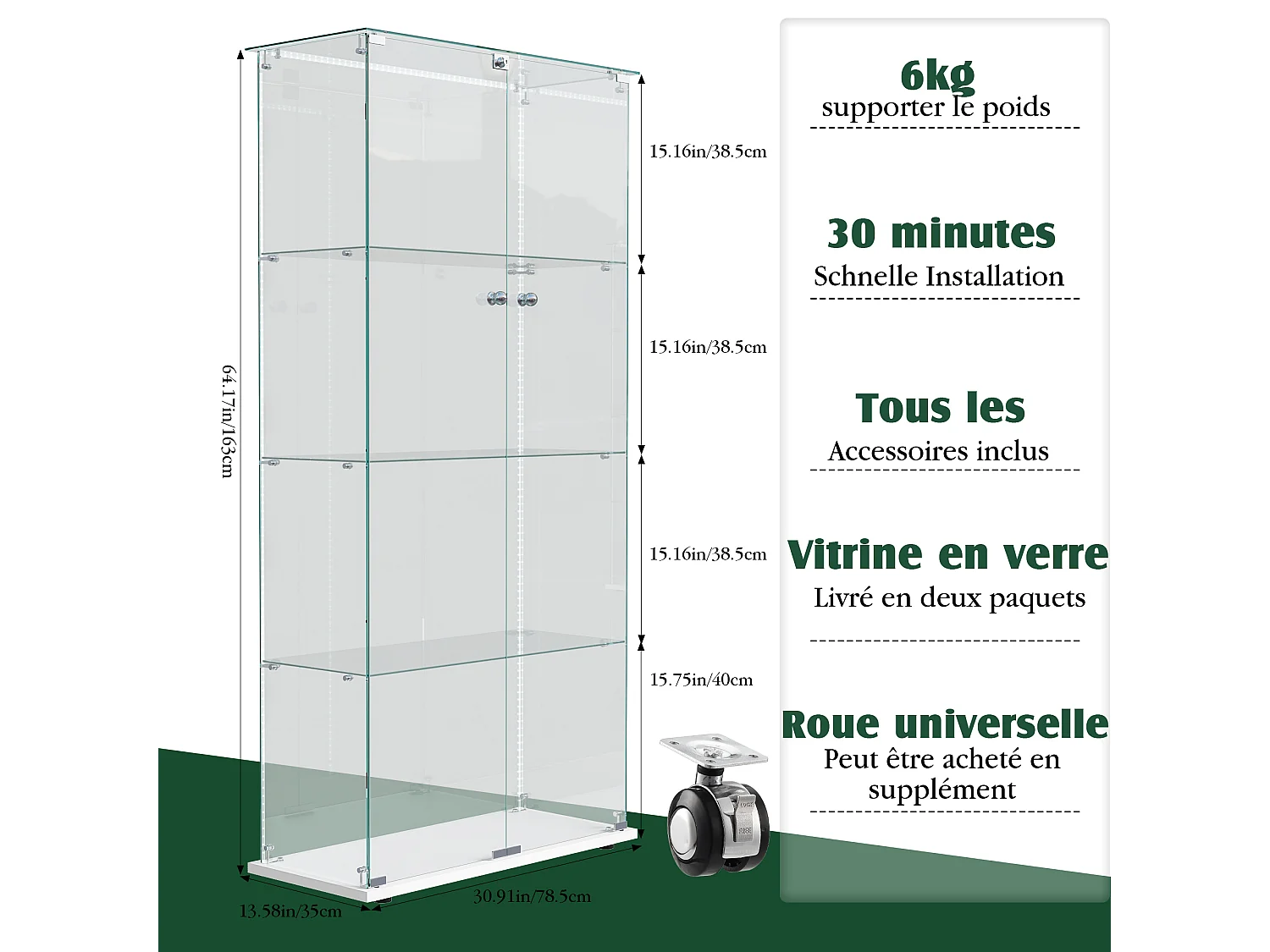 Vitrine d’exposition à double porte 4 niveaux avec LED intégrée, fond blanc, verre trempé transparent – Design moderne et lumineux