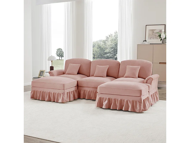 Sofá Cantinho Modular 3 Lugares em U - Chenille - Capa Removível e 2 Pufs - 272x140x93cm - Rosa