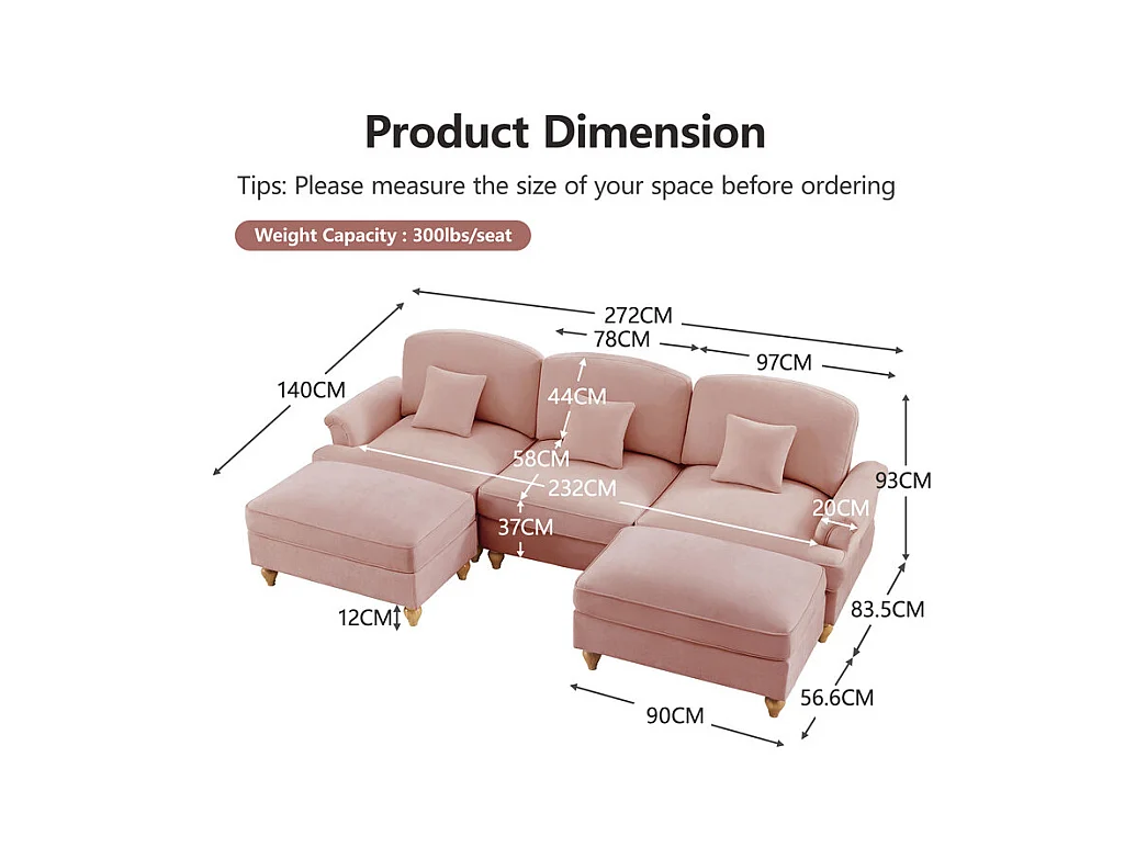 Sofá Cantinho Modular 3 Lugares em U - Chenille - Capa Removível e 2 Pufs - 272x140x93cm - Rosa