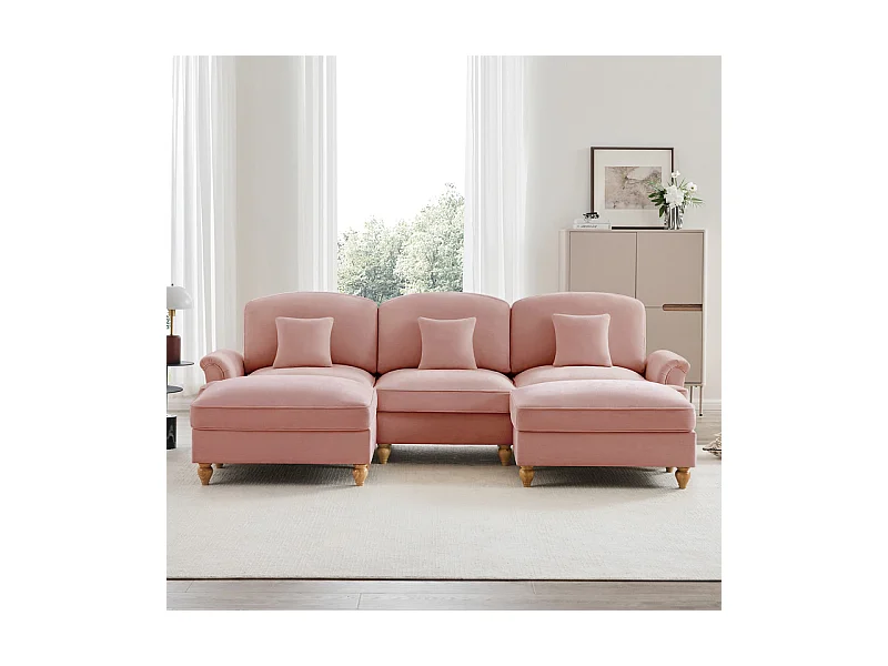 Sofá Cantinho Modular 3 Lugares em U - Chenille - Capa Removível e 2 Pufs - 272x140x93cm - Rosa