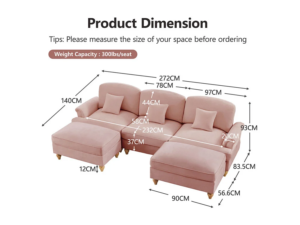 Canapé 3 places d’angle modulable en U - Chenille - avec cantonnière amovible et 2 pouf mobile - 272x140x93cm - Rose