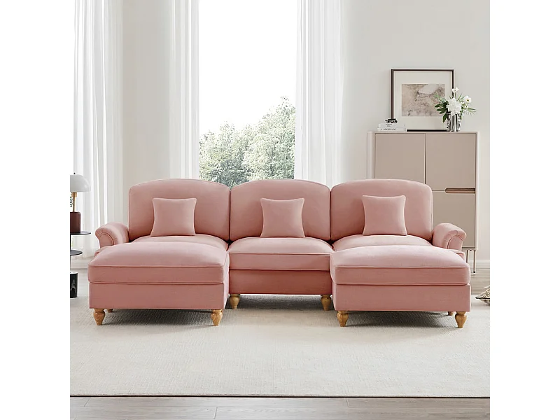 Canapé 3 places d’angle modulable en U - Chenille - avec cantonnière amovible et 2 pouf mobile - 272x140x93cm - Rose