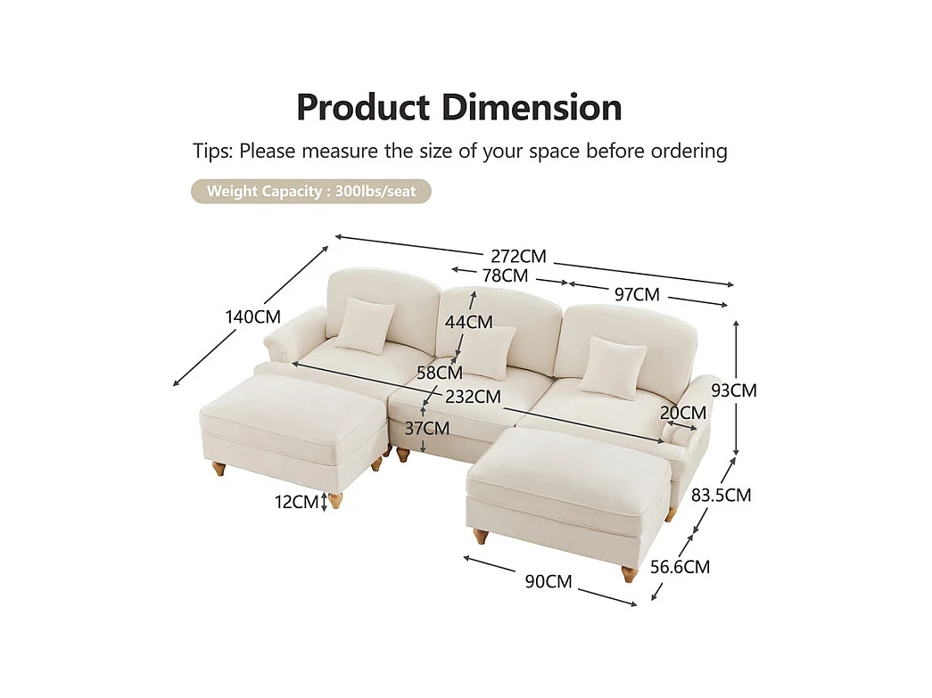 Sofá Cantinho Modular 3 Lugares em U - Chenille - Capa Removível e 2 Pufs - 272x140x93cm - Bege