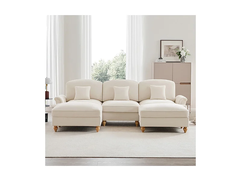 Sofá Cantinho Modular 3 Lugares em U - Chenille - Capa Removível e 2 Pufs - 272x140x93cm - Bege