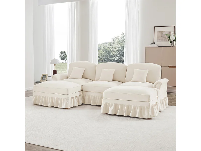 Canapé 3 places d’angle modulable en U - Chenille - avec cantonnière amovible et 2 pouf mobile - 272x140x93cm - Beige