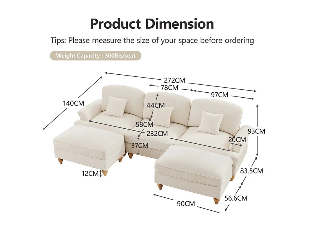 Canapé 3 places d’angle modulable en U - Chenille - avec cantonnière amovible et 2 pouf mobile - 272x140x93cm - Beige