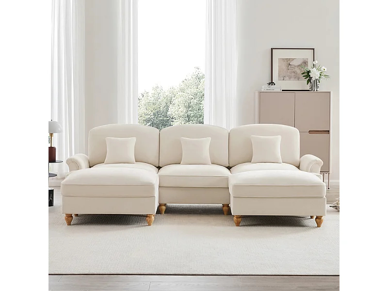 Canapé 3 places d’angle modulable en U - Chenille - avec cantonnière amovible et 2 pouf mobile - 272x140x93cm - Beige