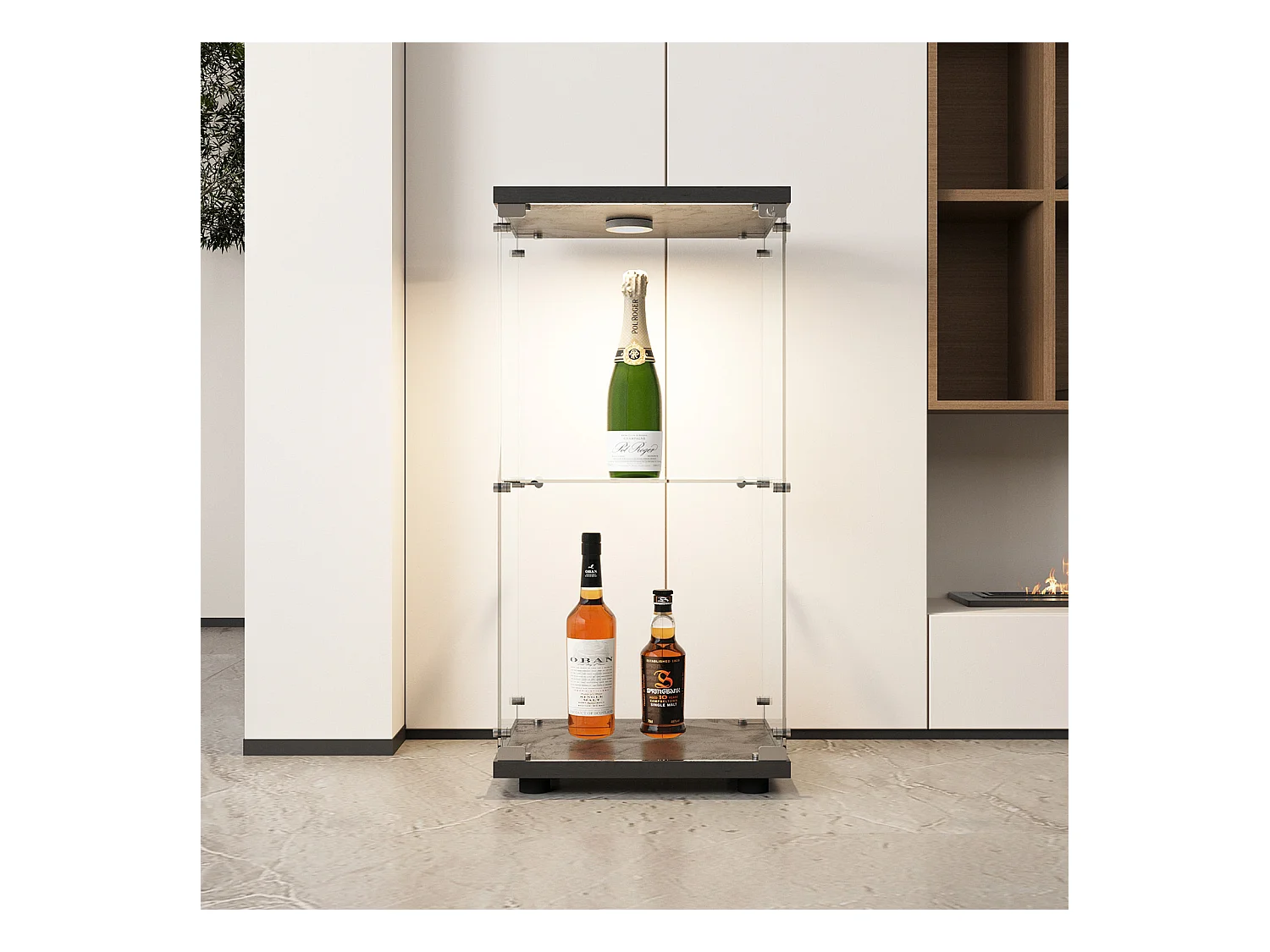 Vitrinekast van gehard glas met 2 lagen, deur, zwart metalen frame en geïntegreerde ledverlichting – modern en elegant design