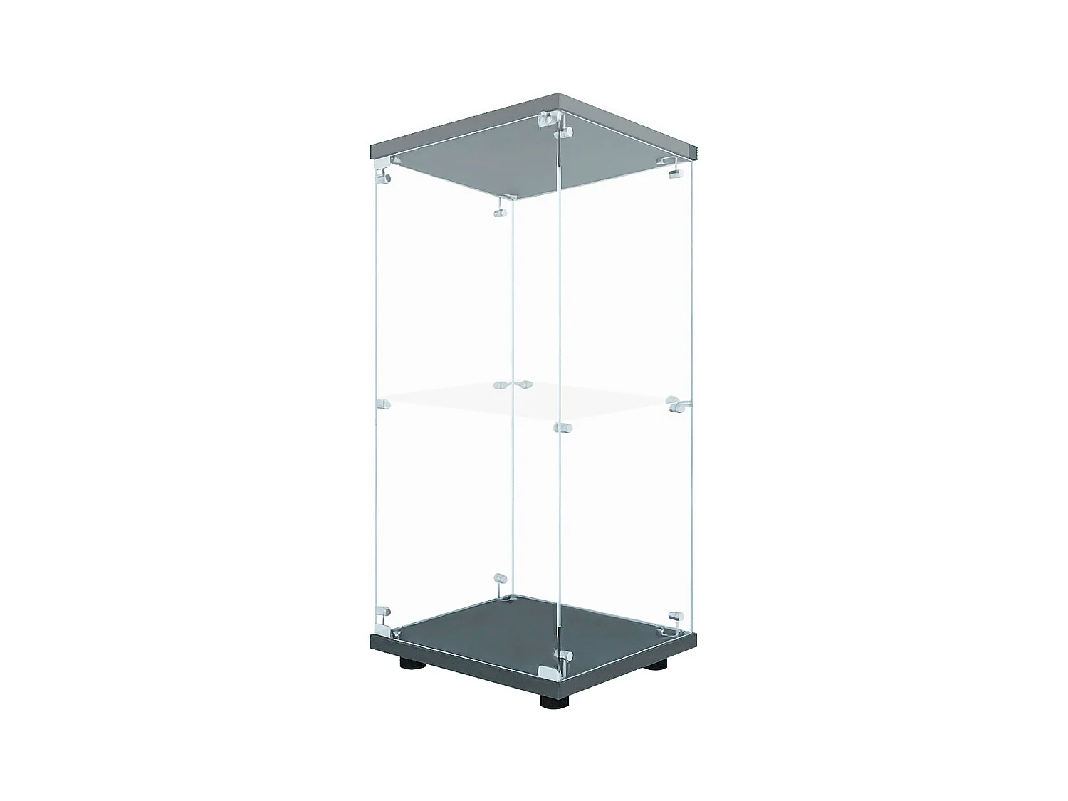 Vitrinekast van gehard glas met 2 lagen, deur, zwart metalen frame en geïntegreerde ledverlichting – modern en elegant design