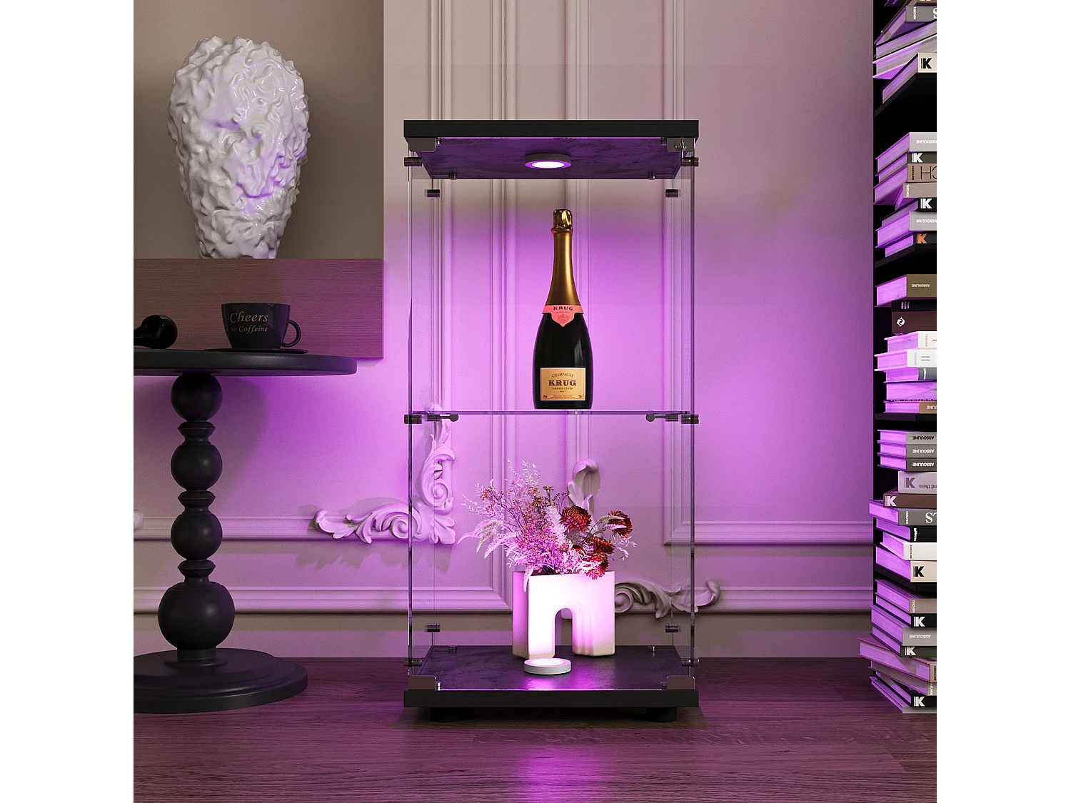 Vitrine en verre trempé à 2 niveaux avec porte, structure en métal noir et éclairage LED intégré – Design moderne et élégant