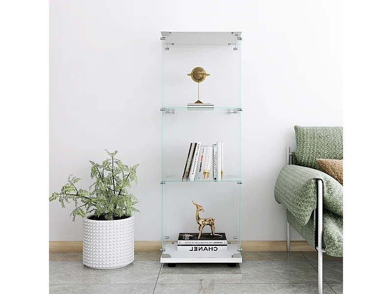 Vitrinekast van glas met 3 planken, enkele deur, vitrinekast voor woonkamer, slaapkamer, kantoor, witte glazen boekenkast op standaard, snelle installatie