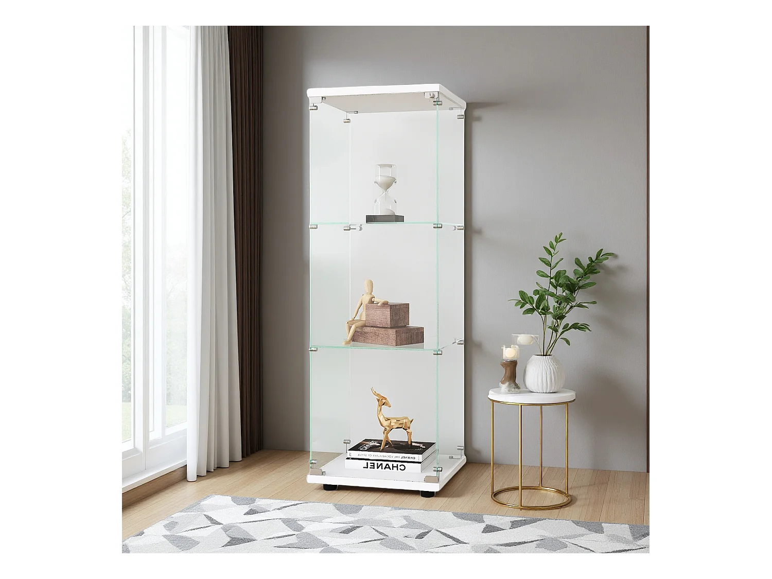 Vitrinekast van glas met 3 planken, enkele deur, vitrinekast voor woonkamer, slaapkamer, kantoor, witte glazen boekenkast op standaard, snelle installatie