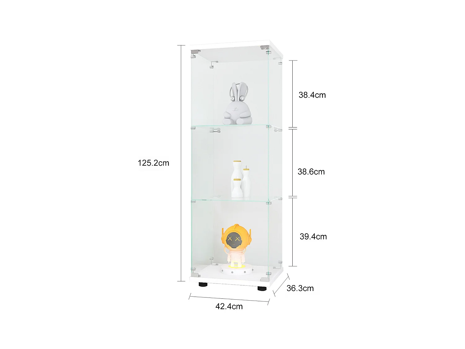 Vitrinekast van glas met 3 planken, enkele deur, vitrinekast voor woonkamer, slaapkamer, kantoor, witte glazen boekenkast op standaard, snelle installatie